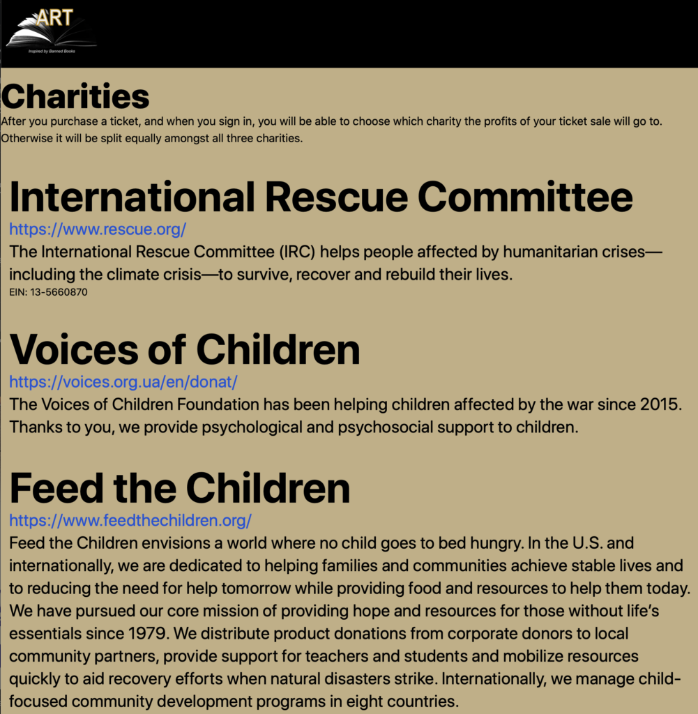 Banned Books Art June Charities Screenshot from website https://www.bannedbooks.art/charities/202206/charity-list